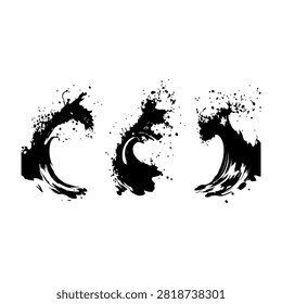 Dynamic black ink splash art featuring three distinct splashes on a white background, emphasizing creativity and abstract expression.