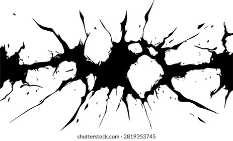 Dynamic black ink splash creating an abstract pattern on a white background, emphasizing movement and spontaneity in modern art design.