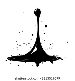 Dynamic black ink splash with droplet and splatter effects on a plain white background, illustrating fluid motion and artistic expression.