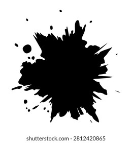 Dynamic black ink splash with irregular edges and splatters, ideal for creative projects, artistic backgrounds, and graphic design elements.