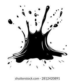 Dynamic black ink splash with splatters and drips, creating an abstract artistic effect on a plain white background.