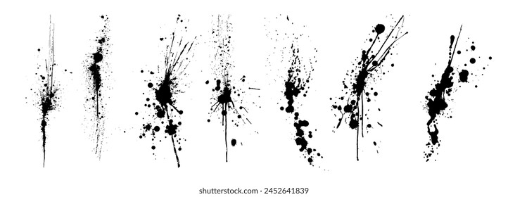 Dynamic Black Ink Splashes Set on White Background. Collection of high-contrast black ink splatters, perfect for creative backgrounds and textured overlays. Ink splash collection. Vector illustration