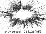 A dynamic black ink splatter burst radiating from a white center with scattered dots.