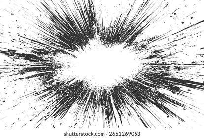 A dynamic black ink splatter burst radiating from a white center with scattered dots.