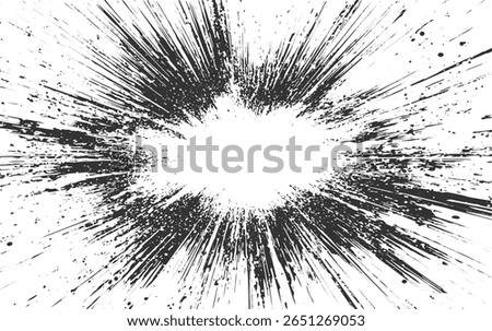 A dynamic black ink splatter burst radiating from a white center with scattered dots.