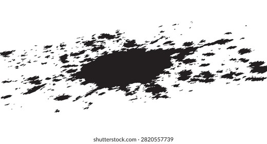 A dynamic black ink splatter with a central dark mass and scattered droplets, creating an abstract artistic effect.