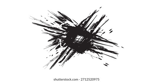 Mancha dinâmica de tinta preta criando um efeito explosivo e grunge em um fundo branco limpo, ideal para design gráfico e projetos artísticos.