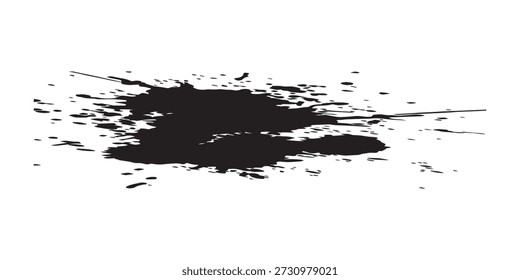 A dynamic black ink splatter creating a grunge stain effect, perfect for adding an edgy, artistic touch to designs and backgrounds.