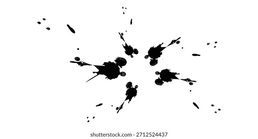 Um respingo de tinta preta dinâmica que forma um padrão de explosão ou explosão em um plano de fundo branco limpo.