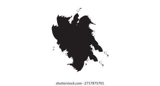 Una salpicadura de tinta negra dinámica con una textura grunge, aislada sobre un fondo blanco.