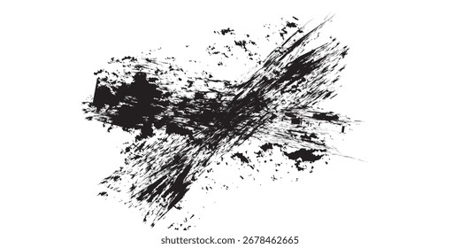 A dynamic black ink splatter with radial brushstrokes, creating a textured, abstract design on a white surface.