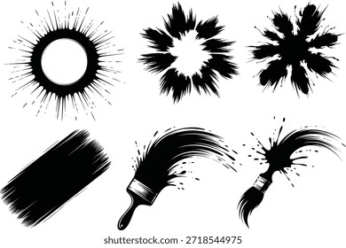 Dynamic Black Ink Splatters and Artistic Brush Stroke Elements Collection