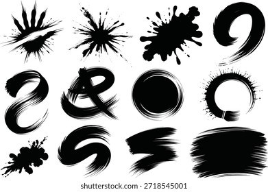 Colección de salpicaduras de tinta negra dinámica y pinceladas