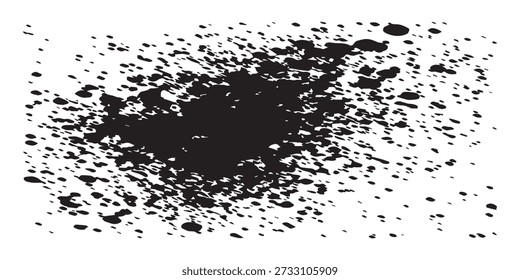 Manchas e gotejos de tinta preta dinâmicos criam uma textura grunge crua em um fundo branco limpo, perfeito para designs artísticos e ousados.