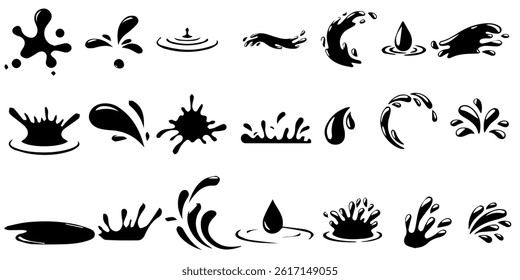 Dynamic black ink splatters, drops, streaks isolated on white, perfect for artistic design, creative projects, abstract patterns, and vibrant textures modern vector illustration