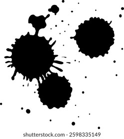 Dynamic black ink splatters on a white background, showcasing bold contrast and fluid motion in a minimalist vector style