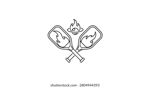A dynamic black line art illustration features two crossed paddles, each adorned with a stylized flame, positioned beneath a flaming ball encircled by an orbital ring, all set against a clean white background