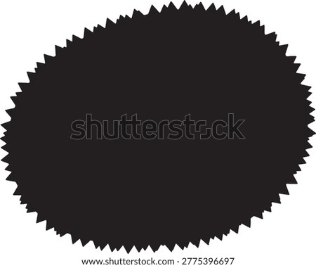 Dynamic black oval starburst vector shape, perfect for badges, labels, and seals. Ideal for promotional graphics, sales tags, and certificate borders. Adds decorative touch to any design project.