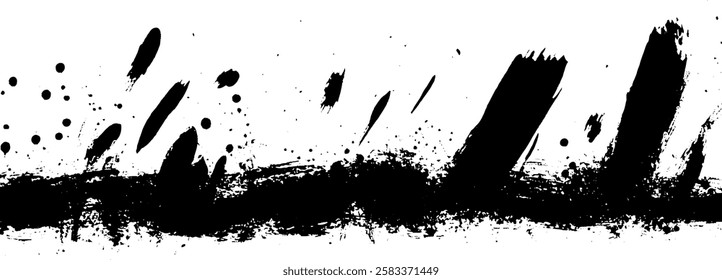 A dynamic black paint splash design on a white background, featuring various brush strokes and splatters, ideal for artistic backgrounds or creative projects.