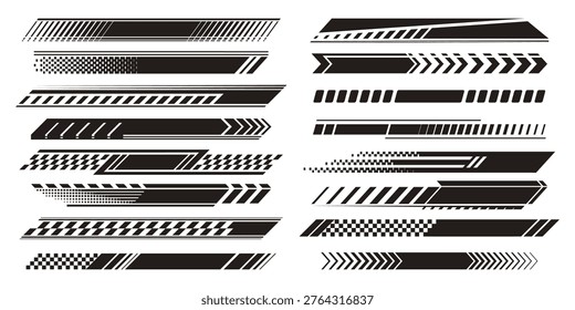 Dynamic black racing stripes with checkered pattern, bold motorsport graphics, vector illustrations isolated on white background. Car branding, speed design elements, and competitive sport visuals