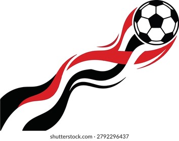 Dynamic black and red soccer ball with flowing ribbons design element isolated on transparent backgr.