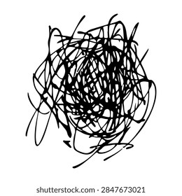 Dynamic black scribbles creating an abstract pattern on a plain white background, emphasizing chaos and spontaneity in art.