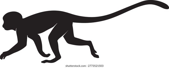 Dynamic black silhouette of an active squirrel monkey. High contrast vector of a small primate in motion for energetic nature designs.