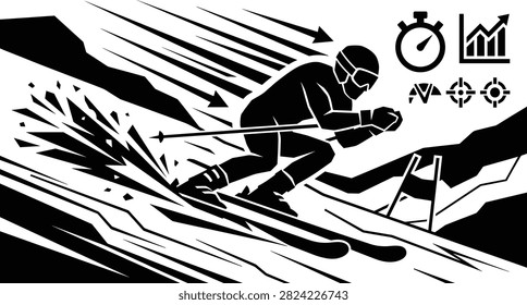 A dynamic black silhouette of an alpine skier racing downhill with speed lines, snow spray, and performance icons. Perfect for winter sports branding, event promotions, fitness graphics, posters, decals, and outdoor adventure designs.