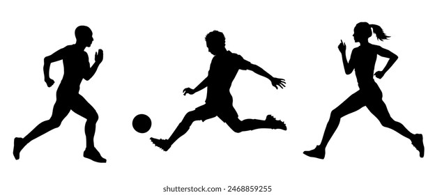 Dynamic black silhouette of athletic soccer player kicking a ball and athletic people running at a competition isolated on white background. Football player and athlete figures in motion. 