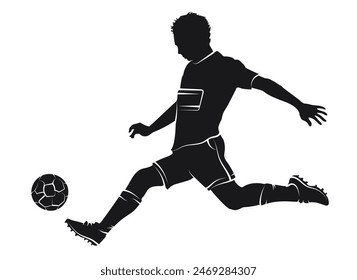 Dynamic black silhouette of athletic soccer player kicking a ball isolated on white background. Football player, male athlete figure  in action, motion. Graphic design element cut out
