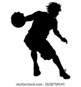 A dynamic black silhouette of a basketball player dribbling the ball