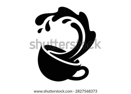 Dynamic black silhouette of a coffee cup with a splashing liquid, representing an energetic hot beverage, suitable for cafes and beverage branding.
