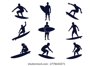 Dynamic black silhouette collection showcasing various surfing poses and techniques on a clean white background perfect for sports branding design