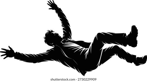 Dynamic black silhouette depicting a man falling through the air, with hands and feet reaching out, against a stark white background.