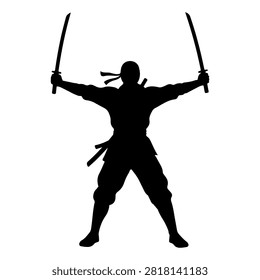 Dynamic black silhouette of a female warrior wielding two swords, showcasing strength, agility, and combat readiness in a powerful stance.