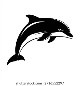Silhueta preta dinâmica de um golfinho saltando em um fundo branco limpo, capturando seu movimento gracioso e forma elegante, ideal para temas marinhos e projetos relacionados ao oceano.