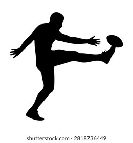 Dynamic black silhouette of a man kicking a soccer ball, capturing movement and athleticism in a sports activity scene.