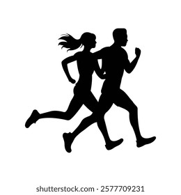 A dynamic black silhouette of a man and woman running side by side, symbolizing fitness, teamwork, and an active lifestyle. Perfect for use in health, sports, and fitness-related projects or promotion