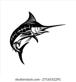 Silueta negra dinámica de un pez marlin saltando fuera del agua, con un pico largo en forma de lanza, aislado sobre un fondo blanco limpio, ideal para la pesca deportiva y los temas del océano.