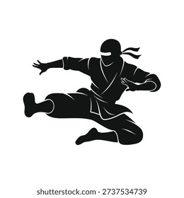 Dynamic black silhouette ninja executing powerful flying kick in minimalist flat vector style.