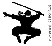 Dynamic black silhouette of a ninja warrior in mid-air pose wielding a sword, emphasizing agility and stealth in martial arts.