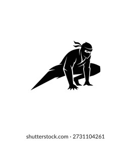 Silueta negra dinámica de un guerrero ninja en una pose agachada, lista para golpear. Simboliza el sigilo, la agilidad y la destreza en las artes marciales. Ideal para temas de acción y combate.