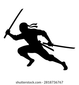 Dynamic black silhouette of a ninja warrior wielding swords, captured in a combat stance, emphasizing agility and stealth in martial arts.