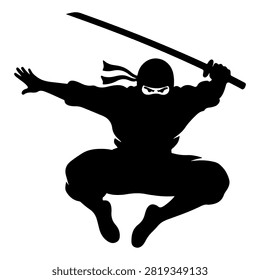 Dynamic black silhouette of a ninja warrior in mid-air pose wielding a sword, emphasizing agility and stealth in martial arts.