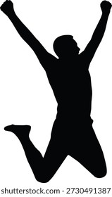 Dynamic black silhouette of a person jumping with arms raised in celebration. Clean flat vector style isolated on white background, ideal for success, achievement, happiness, and victory-themed designs.