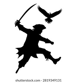Dynamic black silhouette of a pirate holding a sword with a bird flying above, capturing adventure and freedom themes in a striking design.