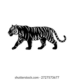 Silhueta preta dinâmica de um poderoso tigre caminhando, simbolizando a força, natureza selvagem e graça majestosa como um elemento gráfico vetorial versátil