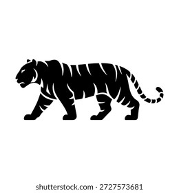 Silhueta preta dinâmica de um poderoso tigre caminhando, simbolizando a força, natureza selvagem e graça majestosa como um elemento gráfico vetorial versátil