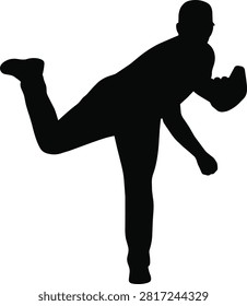 Dynamic black silhouette of a professional baseball pitcher in a throwing windup pose.