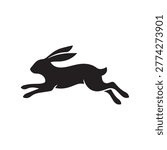 Dynamic black silhouette of a rabbit leaping across a white background